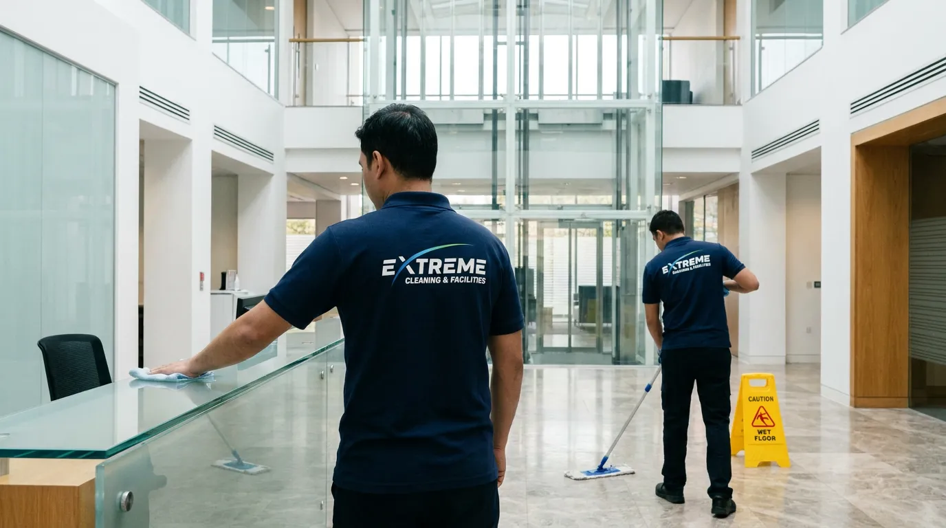 Two Extreme cleaners wiping a glass balustrade and mopping an office atrium floor