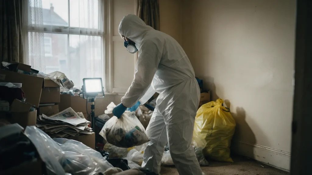 Before: technician in a protective suit and respirator bagging rubbish in a cluttered room
