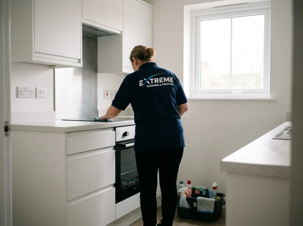 Cleaner in an Extreme polo wiping the hob in an empty flat's kitchen