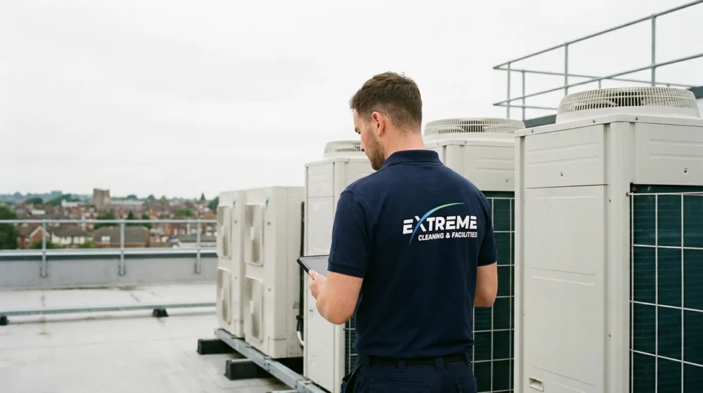 Engineer in an Extreme polo checking rooftop air-conditioning units with a tablet