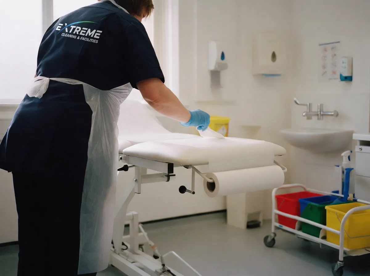 Cleaner in an Extreme tunic and apron wiping down a clinic treatment couch