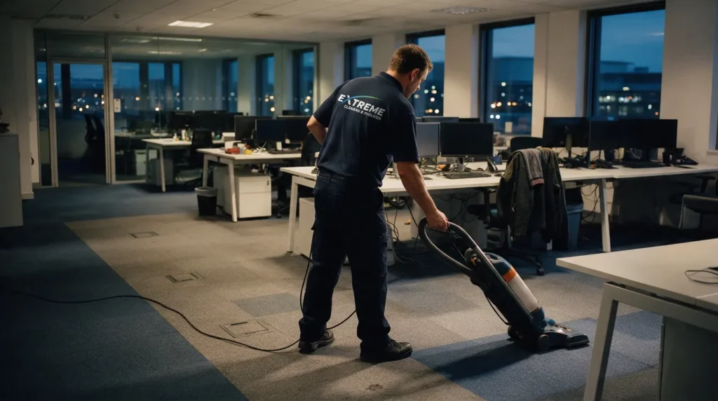 Cleaner in an Extreme polo vacuuming an open-plan office after dark