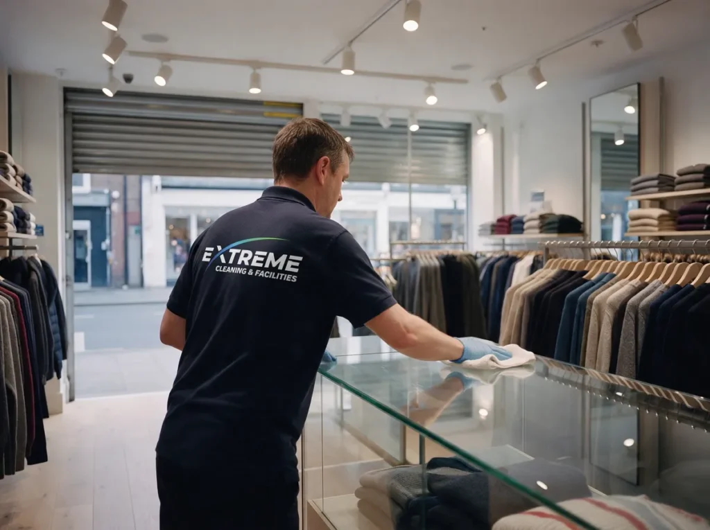 Cleaner in an Extreme polo wiping a glass display counter in a clothing shop