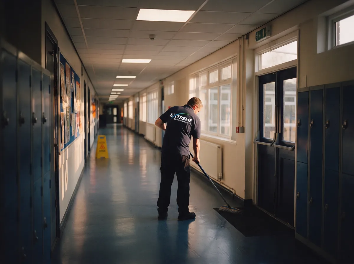 Cleaner in an Extreme polo mopping a school corridor lined with lockers