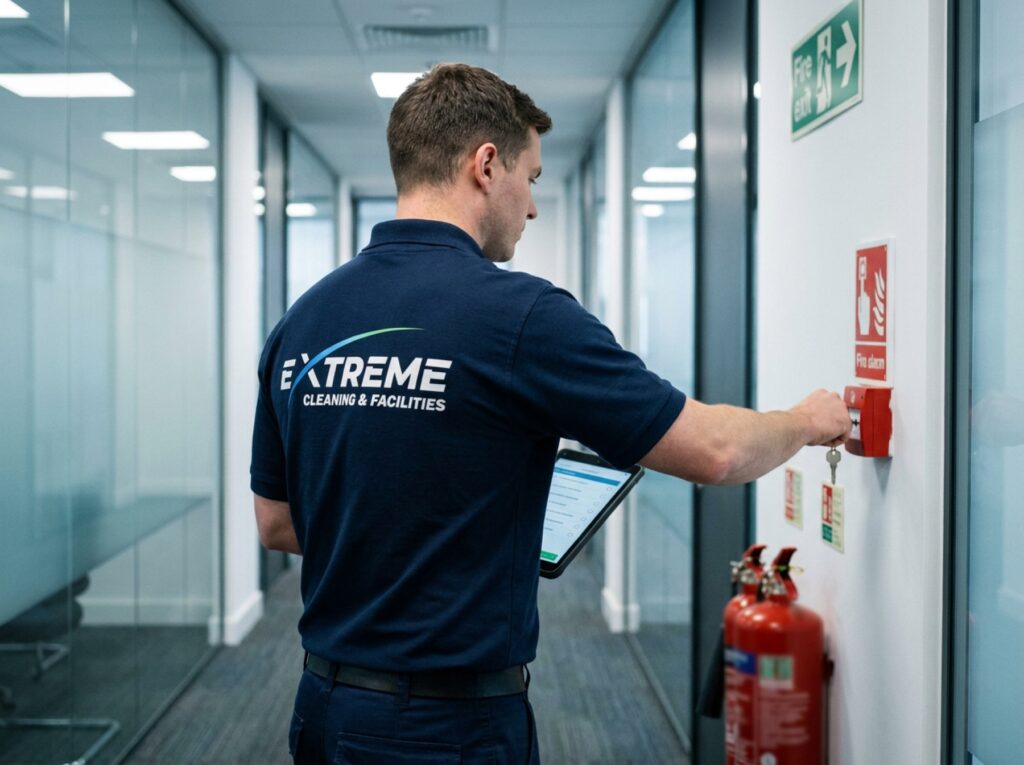 Technician in an Extreme polo testing a fire alarm call point in an office corridor
