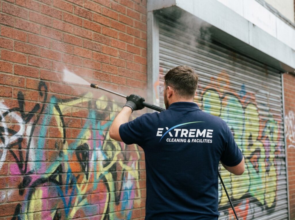 Operative in an Extreme polo pressure-washing graffiti off a brick wall and shop shutter