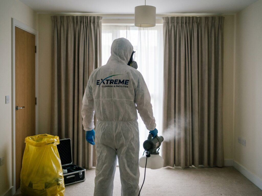 Technician in an Extreme protective suit fogging an empty living room with a disinfectant mister