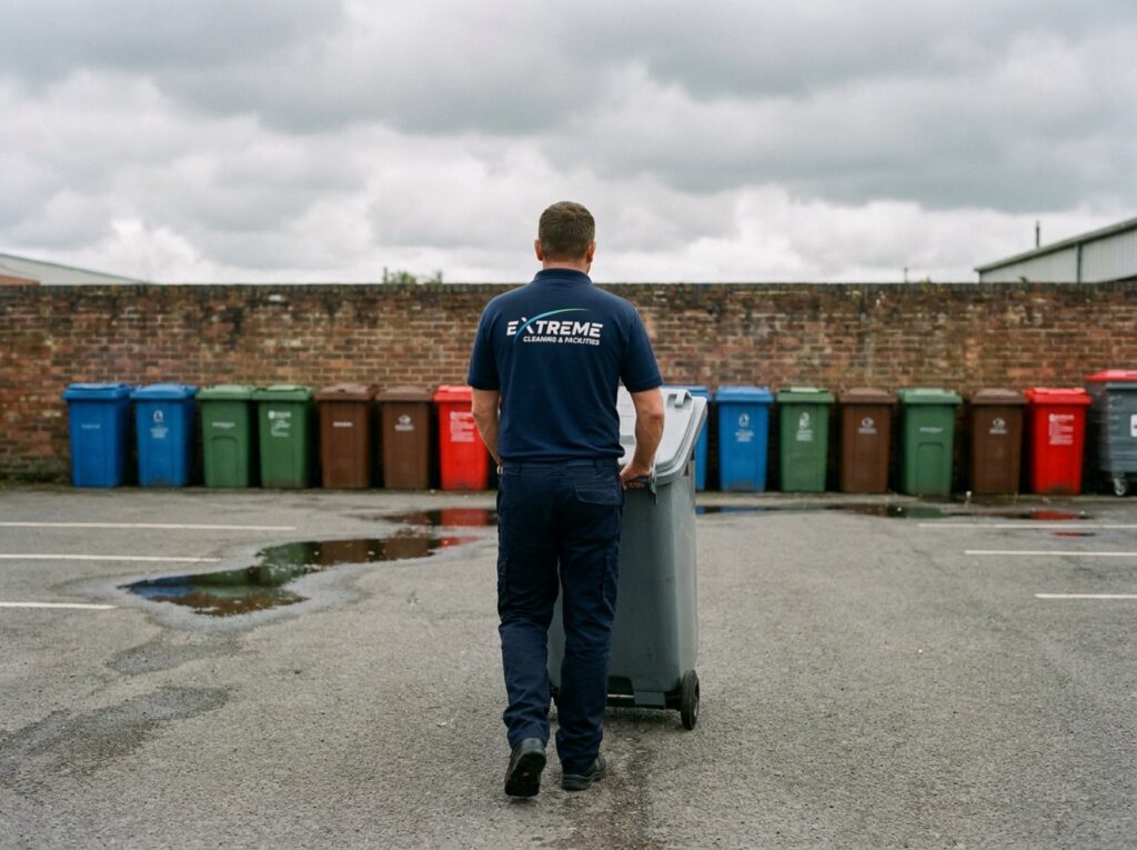 Operative in an Extreme polo wheeling a wheelie bin across a yard past rows of recycling bins