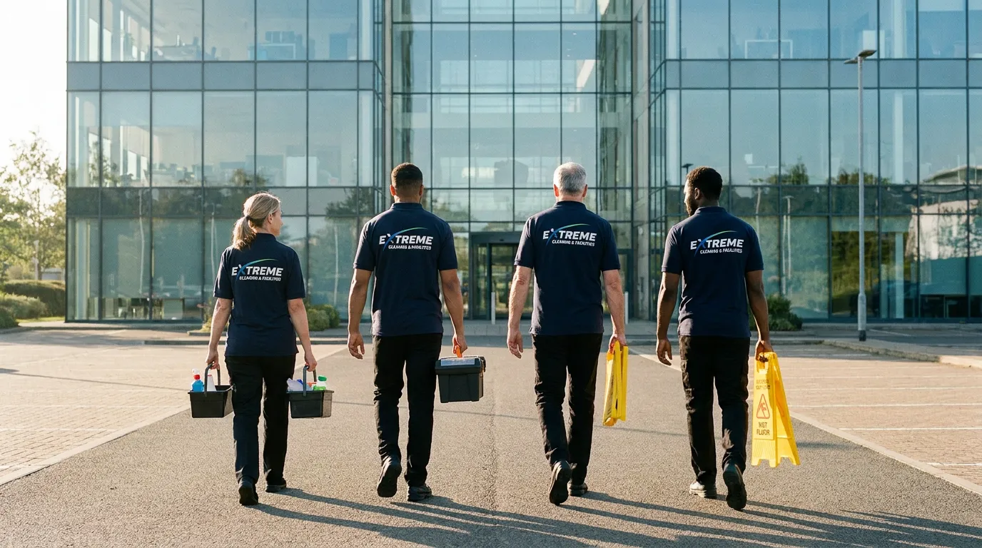 Four Extreme team members in navy polos carrying cleaning kit and wet-floor signs to an office building