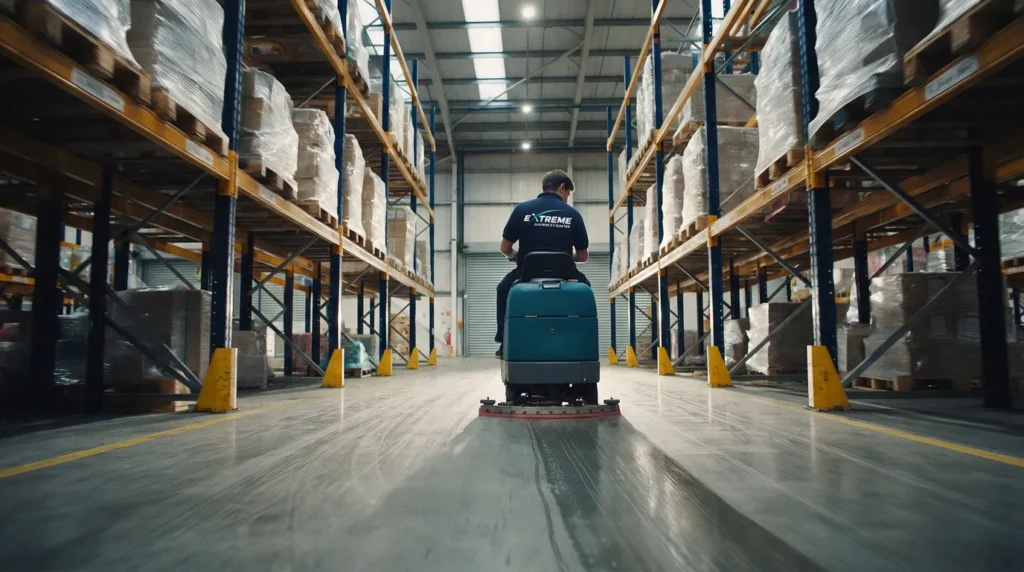 Operative in an Extreme polo driving a ride-on floor scrubber down a warehouse aisle