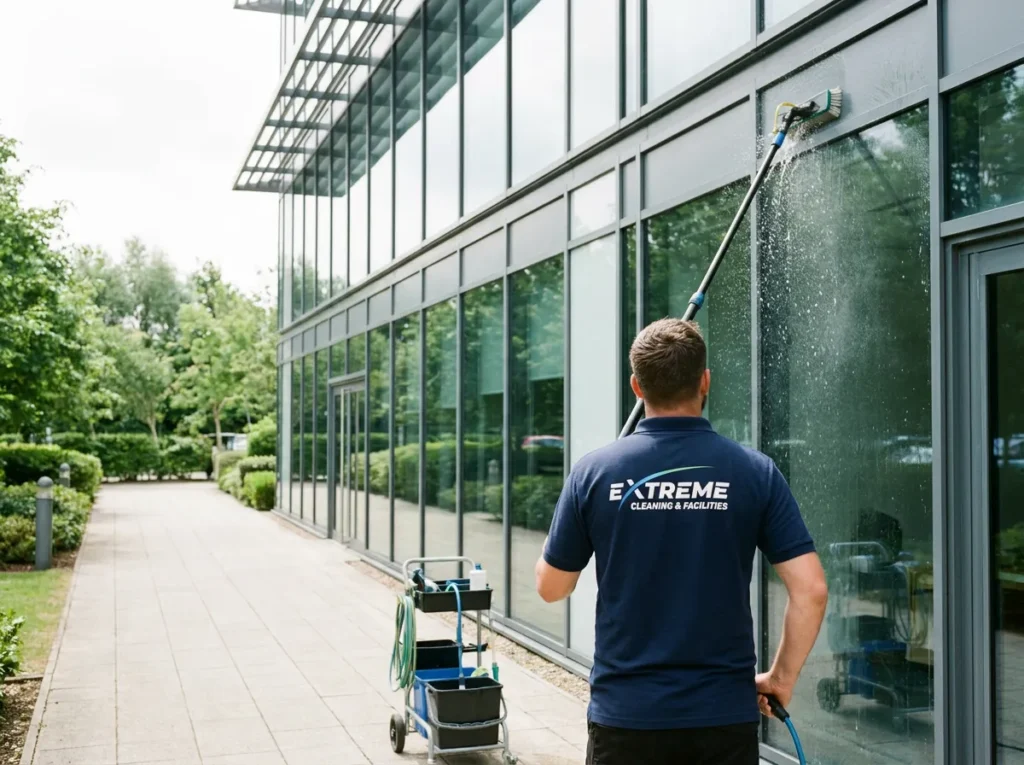 Window cleaner in an Extreme polo using a water-fed pole on an office's glass front